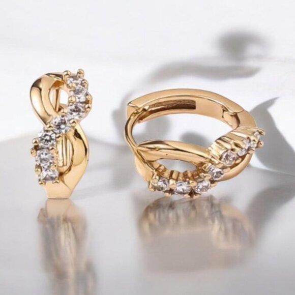 18K Gold Infinity Huggie Hoop Earrings with CZ Stones | Hypoallergenic - Picture 1 of 11